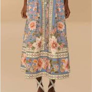 FARM Rio Blue Floral Midi Skirt with Pink Blossoms
